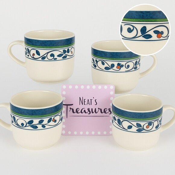 Pfaltzgraff ORLEANS Blue Green Vines Yellow Stoneware Flat 8oz Cups Mugs Set 4 - Picture 1 of 16